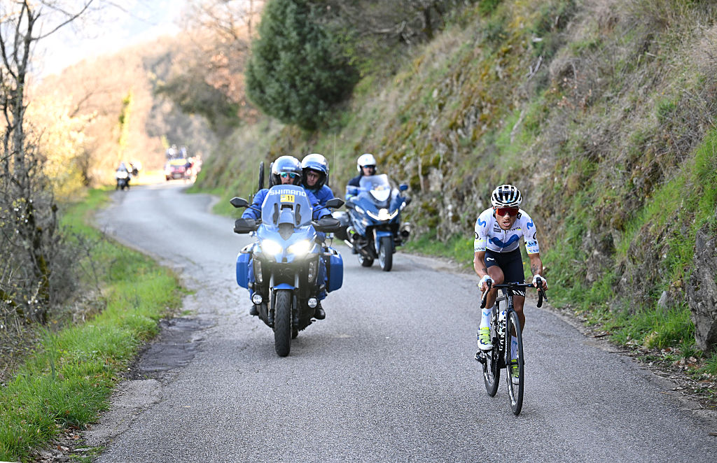 COLOMBIER-LE-VIEUX, FRANCE - MARCH 12: Jefferson Alveiro Cepeda of Ecuador and Team Movistar attacks in the breakaway during the 84th Paris-Nice 2026, Stage 5 a 206.3km stage from Cormoranche-sur-Saone to Colombier-le-Vieux 422m / #UCIWT / on March 12, 2026 in Colombier-le-Vieux, France. (Photo by Szymon Gruchalski/Getty Images)