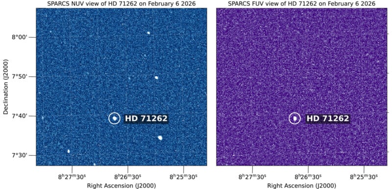 Two side-by-side star field views of HD 71262, labeled and circled, from SPARCS: left in blue (NUV), right in purple (FUV), both dated February 6, 2026, with axes for right ascension and declination.