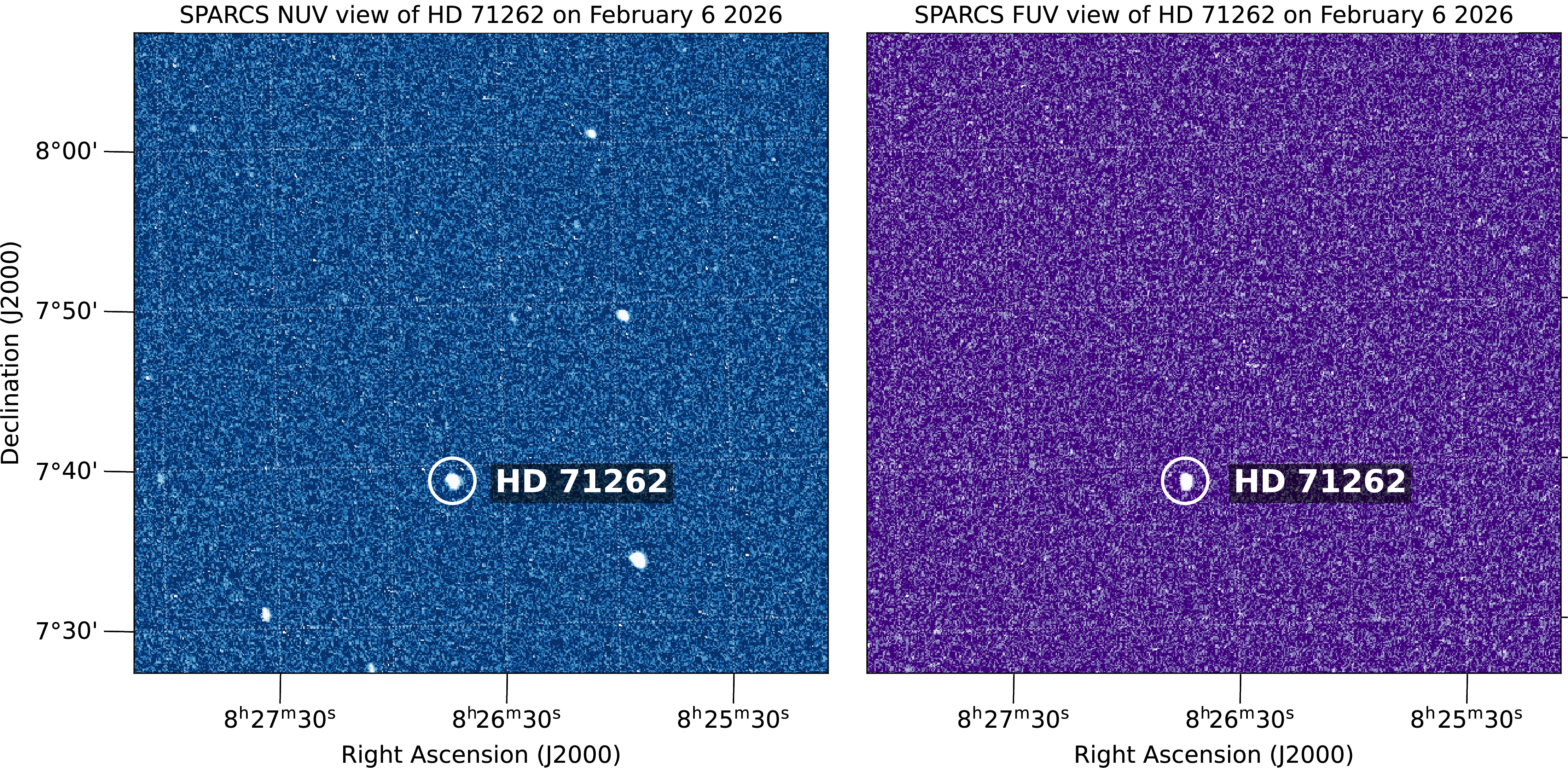 This pair of images shows stars observed Feb. 6, 2026, by the SPARCS space telescope simultaneously in the near-ultraviolet, left, and far-ultraviolet, right. The fact that one star is seen in the far-UV while multiple are seen in near-UV offers insights into the temperatures of these stars, with the one visible in both colors being the hottest.