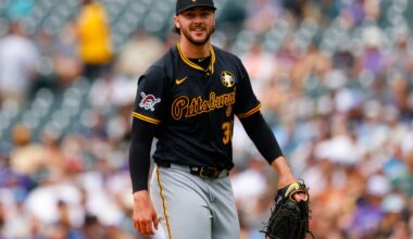 DENVER, CO - AUGUST 2: Starting pitcher Paul Skenes #30 of the Pittsburgh Pirates smiles as he walks off the field in the fourth inning against the Colorado Rockies at Coors Field on August 2, 2025 in Denver, Colorado. (Photo by Justin Edmonds/Getty Images)