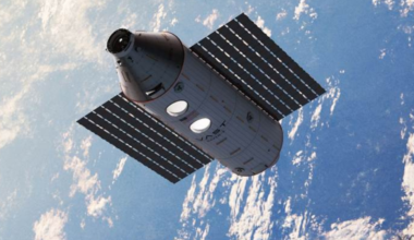 illustration of a cylindrical space module in orbit, with earth in the background