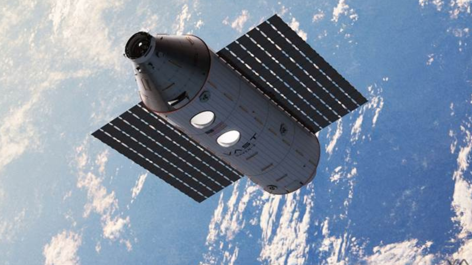 illustration of a cylindrical space module in orbit, with earth in the background