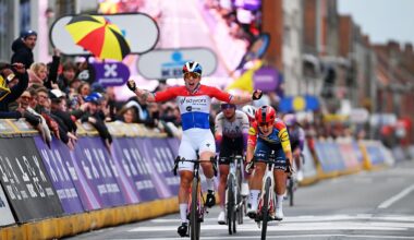 WEVELGEM, BELGIUM - MARCH 29: (L-R) Lorena Wiebes of Netherlands and Team SD Worx - Protime celebrates at finish line as race winner ahead of Fleur Moors of Belgium and Team Lidl - Trek during 13th In Flanders Fields - From Middelkerke to Wevelgem 2026 - Women's Elite a 135.2km one day race from Wevelgem to Wevelgem / #UCIWWT / on March 29, 2026 in Wevelgem, Belgium. (Photo by Tim de Waele/Getty Images)