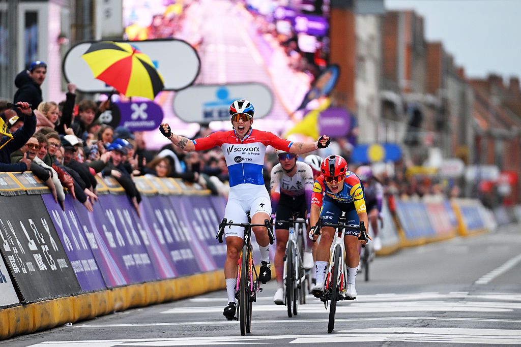 WEVELGEM, BELGIUM - MARCH 29: (L-R) Lorena Wiebes of Netherlands and Team SD Worx - Protime celebrates at finish line as race winner ahead of Fleur Moors of Belgium and Team Lidl - Trek during 13th In Flanders Fields - From Middelkerke to Wevelgem 2026 - Women's Elite a 135.2km one day race from Wevelgem to Wevelgem / #UCIWWT / on March 29, 2026 in Wevelgem, Belgium. (Photo by Tim de Waele/Getty Images)