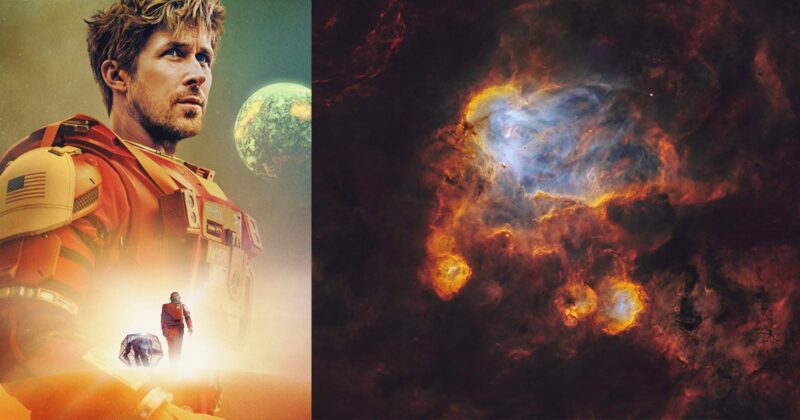 A man in an orange NASA spacesuit stands with a dog on a rocky surface, with a green planet behind him. To the right, a colorful nebula glows in space with swirling clouds of blue, orange, and yellow.