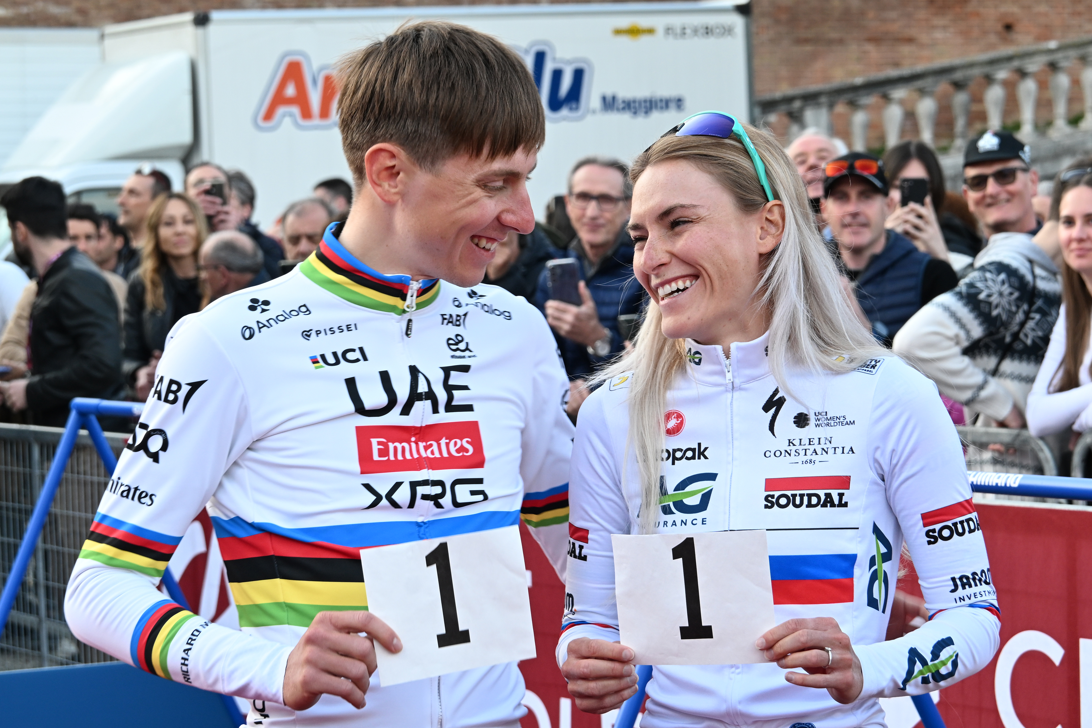 The world cycling champion Tadej Pogacar and his girlfriend Urska Zigart also race cyclist during the presentation of the teams participating in the Strade bianche race. Siena (Italy) March 07th, 2025 (Photo by Massimo Insabato/Archivio Massimo Insabato/Mondadori Portfolio via Getty Images)