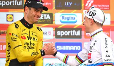 SANREMO, ITALY - MARCH 21: (L-R) The third classified Wout van Aert of Belgium and Team Visma