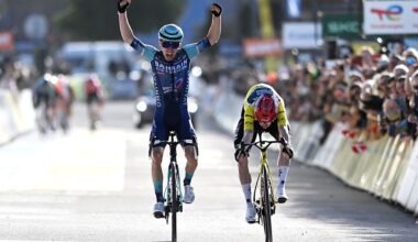NICE, FRANCE - MARCH 15: (L-R) Lenny Martinez of France and Team Bahrain - Victorious celebrates at finish line as stage winner ahead of Jonas Vingegaard of Denmark and Team Visma