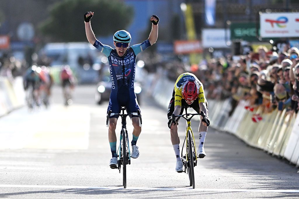 NICE, FRANCE - MARCH 15: (L-R) Lenny Martinez of France and Team Bahrain - Victorious celebrates at finish line as stage winner ahead of Jonas Vingegaard of Denmark and Team Visma