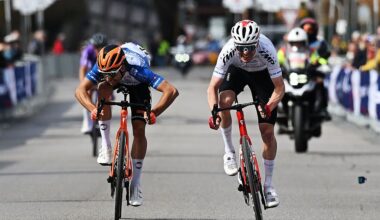Mauro Schmid and Axel Laurance sprint on stage 5 at Coppi e Bartali