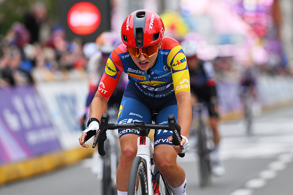 WEVELGEM, BELGIUM - MARCH 29: Fleur Moors of Belgium and Team Lidl - Trek celebrates at podium as second place winner during 13th In Flanders Fields - From Middelkerke to Wevelgem 2026 - Women's Elite a 135.2km one day race from Wevelgem to Wevelgem / #UCIWWT / on March 29, 2026 in Wevelgem, Belgium. (Photo by Tim de Waele/Getty Images)