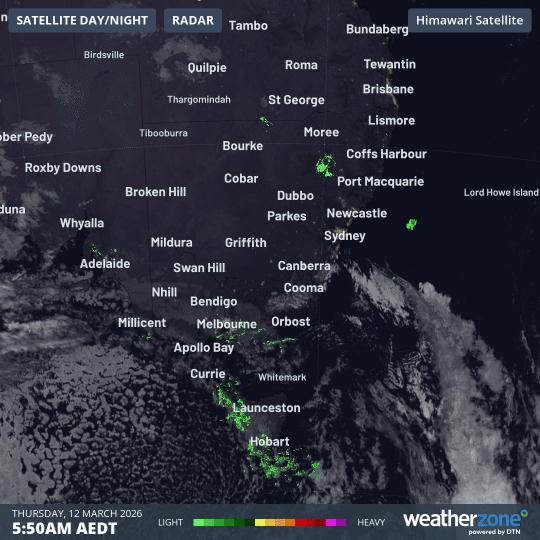 4-hour satellite and radar loop for SE Australia on Thursday March 12, 2026. Source Weatherzone.