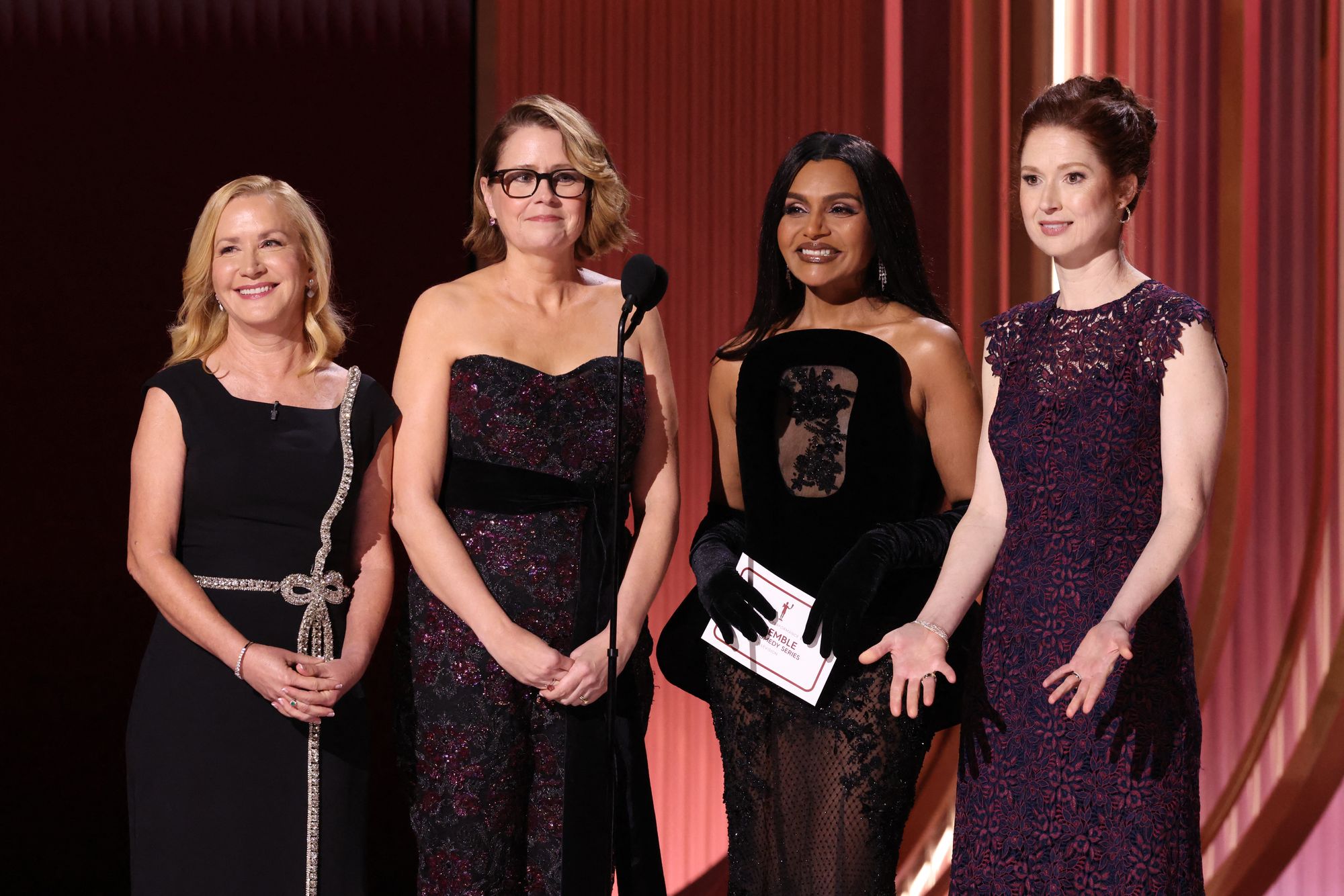 Angela Kinsey, Jenna Fischer, screenwriter Mindy Kaling and Ellie Kemper present the award for Outstanding Performance by an Ensemble in a Comedy Series during the 32nd Annual Actor Awards