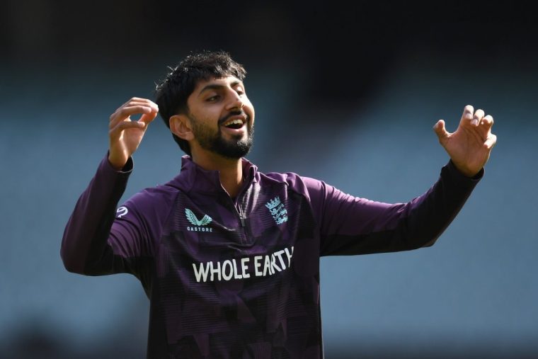 ADELAIDE, AUSTRALIA - DECEMBER 15: Shoaib Bashir reacts during an England nets session at Adelaide Oval on December 15, 2025 in Adelaide, Australia. (Photo by Philip Brown/Getty Images)