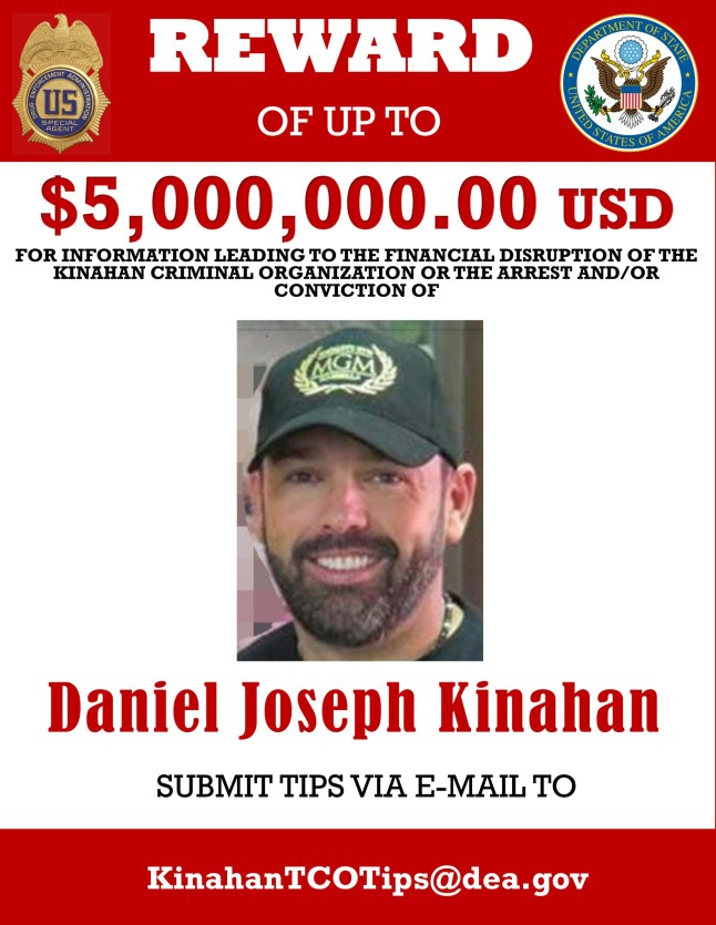 Handout issued by Bureau of International Narcotics and Law Enforcement Affairs, a US state department, of a poster issued in April 2022 offering a reward of $5million for the arrest and/or conviction of Daniel Kinahan. Kinahan is being sought by Transnational Organized Crime Rewards Program (TOCRP) for his part in the Kinahan organised crime group. Issue date: Tuesday April 12, 2022.