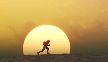 Astronaut running during sunset at a remote planet