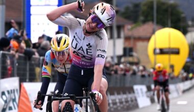 CITTIGLIO, ITALY - MARCH 15: Karlijn Swinkels of Netherlands and UAE Team ADQ celebrates at finish line as race winner during the 27th Trofeo Alfredo Binda - Comune di Cittiglio 2026 a 152.7km one dat race from Luino to Cittiglio / #UCIWWT / on March 15, 2026 in Cittiglio, Italy.Luino, Italy. (Photo by Luc Claessen/Getty Images)