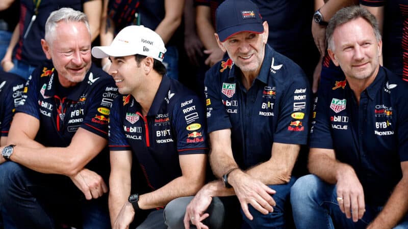 Jonathan Wheatley, Sergio Perez of Mexico and Oracle Red Bull Racing, Adrian Newey, the Chief Technical Officer of Red Bull Racing, and Red Bull Racing Team Principal Christian Horner pose for a photo in the Pitlane prior to the F1 Grand Prix of United States