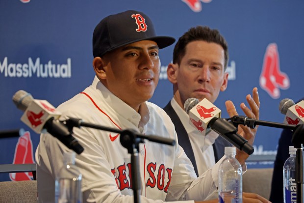Ranger Suarez speaks as the Red Sox introduce pitcher Ranger Suárez. (Staff photo by Stuart Cahill/Media News Group)
