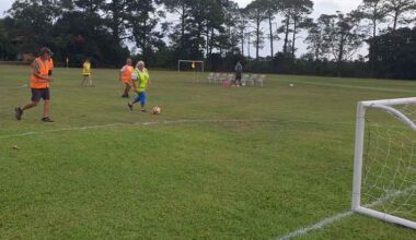 Liz lining up a shot for goal around Jeff and Shirley's defence.