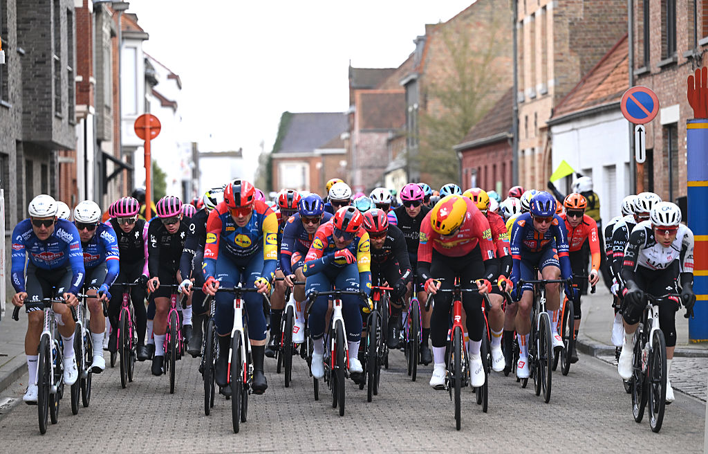 BRUGES, BELGIUM - MARCH 25: (L-R) Max Walscheid of Germany and Team Lidl - Trek, Storm Ingebrigtsen of Norway and Team Uno-X Mobility and Florian Senechal of France and Team Alpecin-Premier Tech lead the peloton during the 50th Ronde Van Brugge - Tour of Bruges 2026 - Men&amp;apos;s Elite a 202.9km one day race from Bruges to Bruges / #UCIWT / on March 25, 2026 in Bruges, Belgium. (Photo by Luc Claessen/Getty Images)
