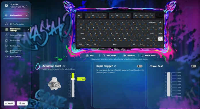Screenshot of the GravaStar software showing how you can customise the actuation point of the keys.
