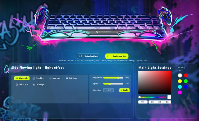 Screenshot of the GravaStar software showing how you can customise the various lighting zones.