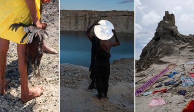 A triptych: On the left, a person in a yellow garment holds a rooster; center, a person stands by water, holding a round mirror reflecting the sky; right, colorful clothes are laid out on rocky ground beneath a large rock formation.