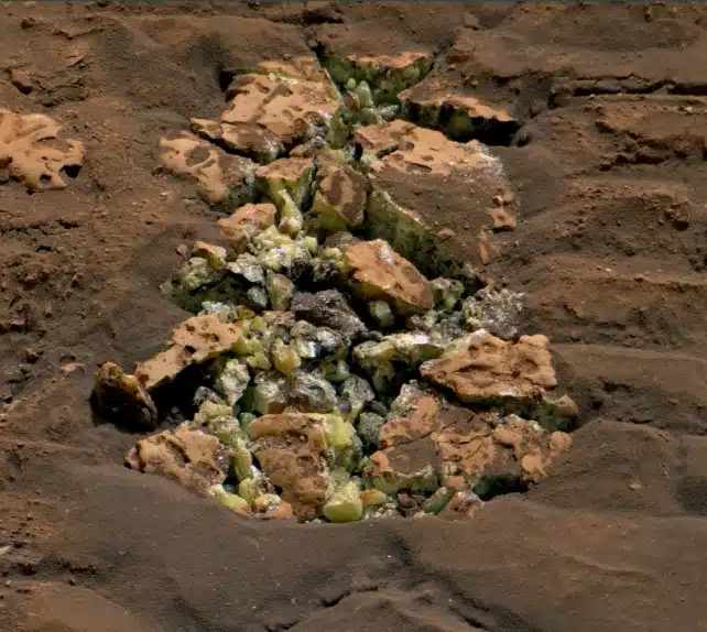 Sulfur Crystals Within A Crushed Rock On Mars