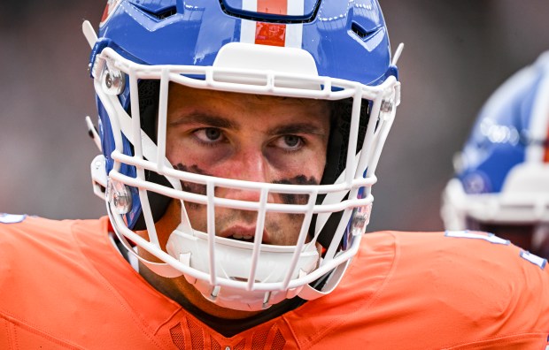 Zach Allen (99) of the Denver Broncos locks in before the game against the Dallas Cowboys at Empower Field at Mile High in Denver on Sunday, Oct. 26, 2025. (Photo by AAron Ontiveroz/The Denver Post)
