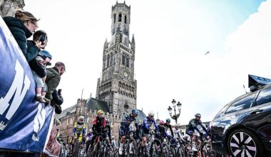 The pack rides in front of Belfry of Bruges during the 'Ronde van Brugge' men's elite one-day cycling race, 202,9 km from and to Bruges on March 25, 2026. (Photo by MAARTEN STRAETEMANS / Belga / AFP) / Belgium OUT