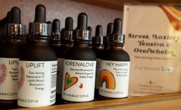 Tinctures for stress and anxiety available at Farmacopia, an herbal apothecary Friday, March 20, 2026 in Santa Rosa. (John Burgess/The Press Democrat)
