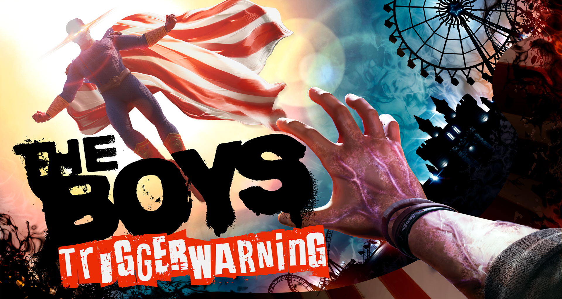 A video game image featuring a superhero with glowing eyes and an American flag cape, with the text 'The Boys Trigger Warning' prominently displayed.