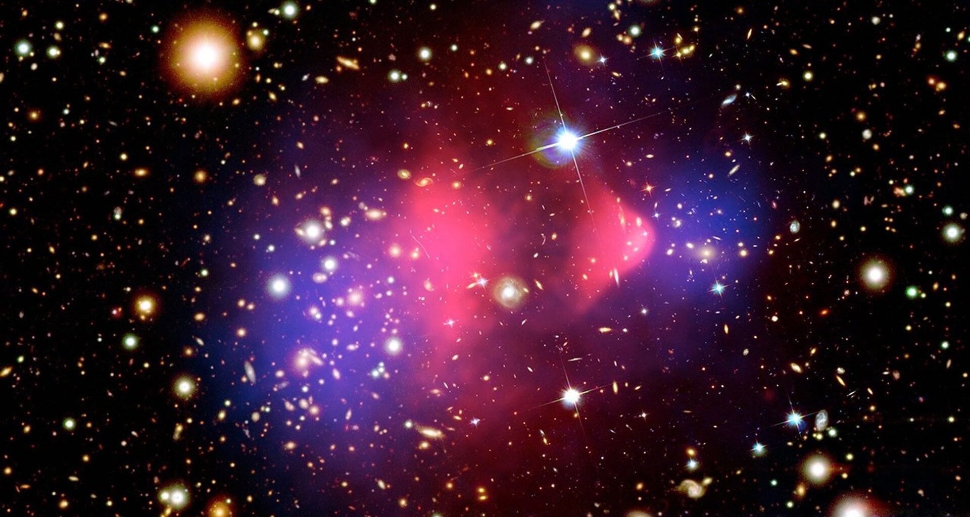 Credit: X-ray: NASA/CXC/CfA/M. Markevitch; Optical/Lensing: NASA/STScI, Magellan/U. Arizona/D. Clowe; Lensing map: ESO WFI