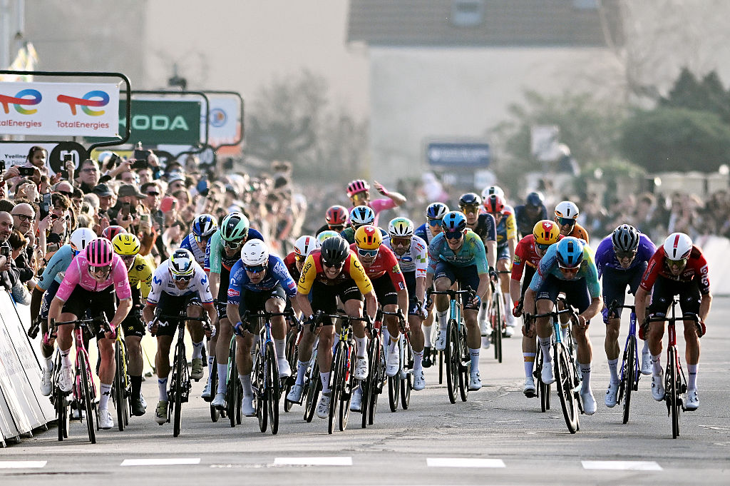 CARRIERES-SOUS-POISSY, FRANCE - MARCH 08: A general view of Luke Lamperti of United States and Team EF Education - EasyPost, Vito Braet of Belgium and Team Lotto Intermarch&eacute;, Orluis Aular of Venezuela and Team Movistar, Milan Fretin of Belgium and Team Cofidis, Biniam Girmay of Eritrea and Team NSN Cycling, Jensen Plowright of Australia and Team Alpecin-Premier Tech sprint at finish line during the 84th Paris-Nice 2026, Stage 1 a 170.9km stage from Acheres to Carrieres-sous-Poissy / #UCIWT / on March 08, 2026 in Carrieres-sous-Poissy, France. (Photo by Szymon Gruchalski/Getty Images)