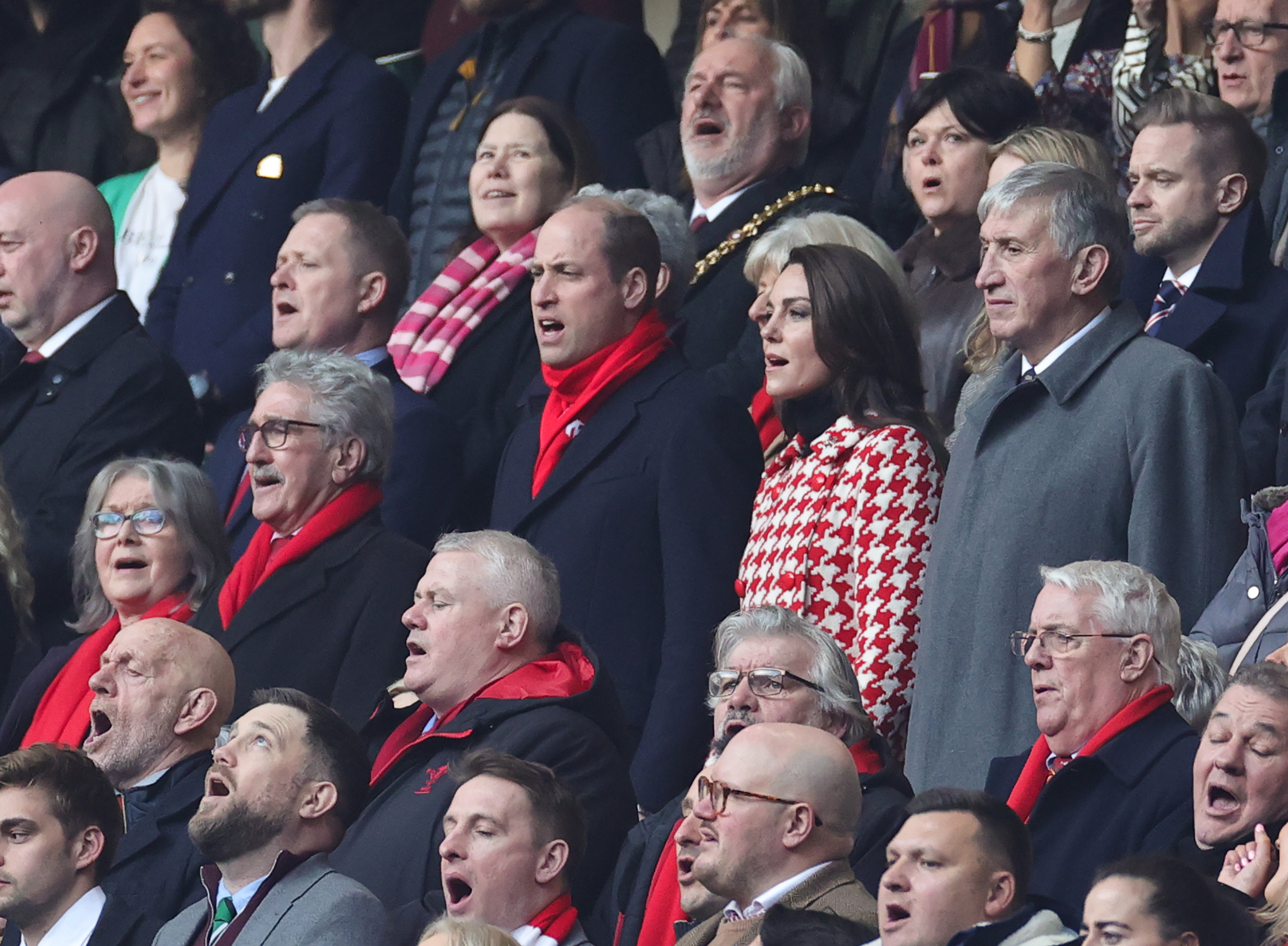 Prince William and Kate Middleton sing the national anthems prior to the Six Nations Rugby match between Wales and England at Principality Stadium on February 25, 2023