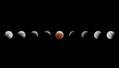 A composite image showing the small gray sphere of the moon across a dark night sky as it reaches various phases of a lunar eclipse.