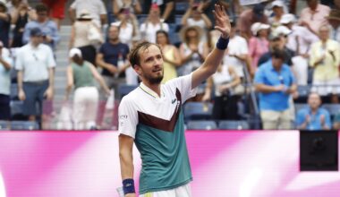 Sep 6, 2023; Flushing, NY, USA; Daniil Medvedev waves to the crowd after his match against Andrey Rublev (not pictured) on day ten of the 2023 U.S. Open tennis tournament at USTA Billie Jean King National Tennis Center.