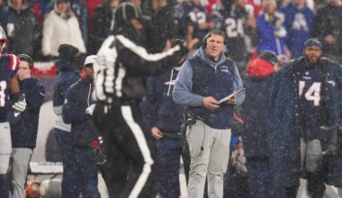 Jan 18, 2026; Foxborough, MA, USA; New England Patriots head coach Mike Vrabel reacts to call by the referees in the third quarter against the Houston Texans in an AFC Divisional Round game at Gillette Stadium.