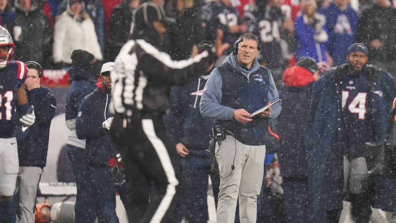 Jan 18, 2026; Foxborough, MA, USA; New England Patriots head coach Mike Vrabel reacts to call by the referees in the third quarter against the Houston Texans in an AFC Divisional Round game at Gillette Stadium.