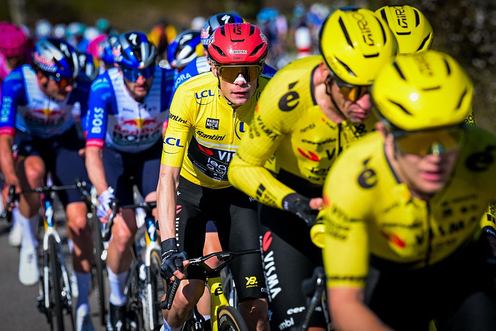 Danish Jonas Vingegaard of Team Visma-Lease a Bike the fifth stage of 84th edition of the Paris-Nice cycling race, a race from Cormoranche-sur-Saone to Colombier-le-Vieux (205,4km), on Thursday 12 March 2026. BELGA PHOTO DAVID PINTENS (Photo by DAVID PINTENS / BELGA MAG / Belga via AFP)