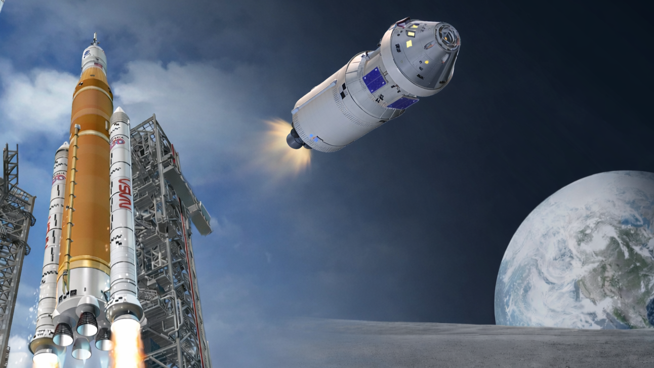 a rocket launches on the left while a spacecraft flies above the lunar surface on the right.