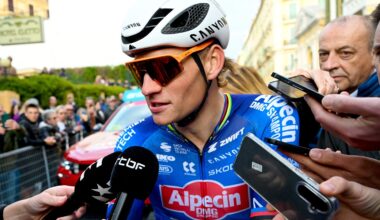 SANREMO, ITALY - MARCH 21: Mathieu van der Poel of Netherlands and Team Alpecin-Premier Tech meets the media press after the 117th Milano-Sanremo 2026, Men's Elite a 298km one day race from Pavia to Sanremo / #UCIWT / on March 21, 2026 in Sanremo, Italy. (Photo by Dario Belingheri/Getty Images)