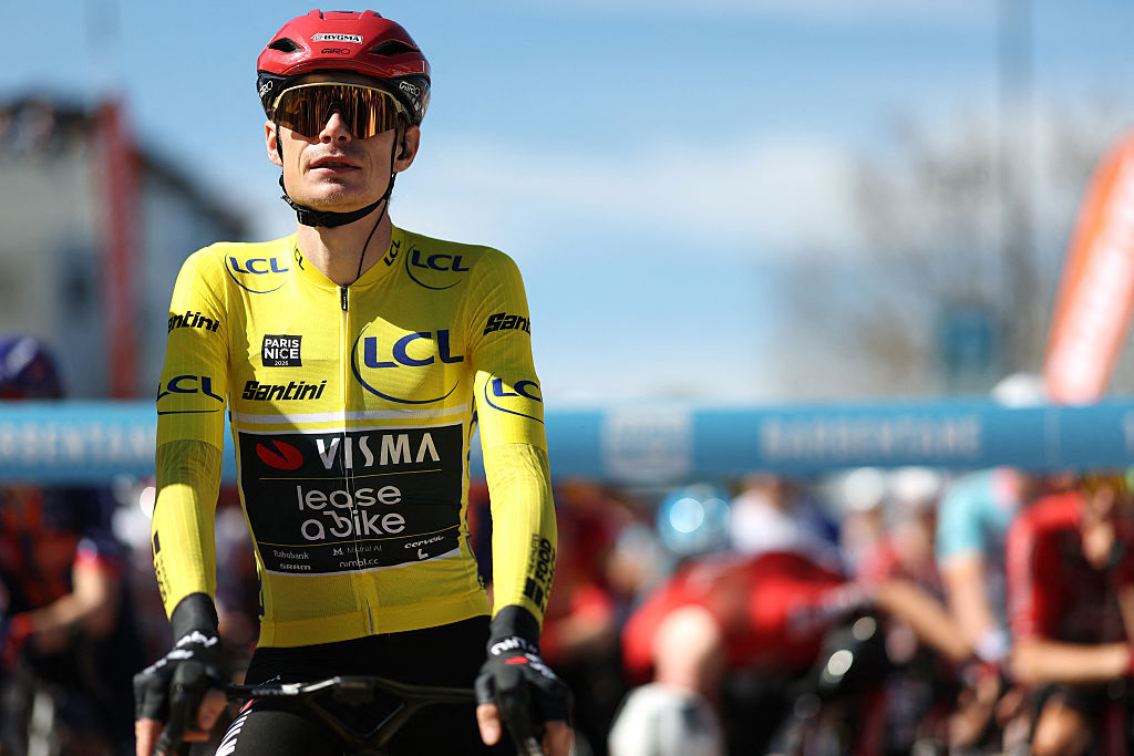 Team Visma - Lease a Bike's Danish rider Jonas Vingegaard, wearing the overall leader yellow jersey, waits for the start of the 6th stage of the Paris-Nice cycling race, 179.3 km between Barbentane and Apt, on March 13, 2026. (Photo by Anne-Christine POUJOULAT / AFP)