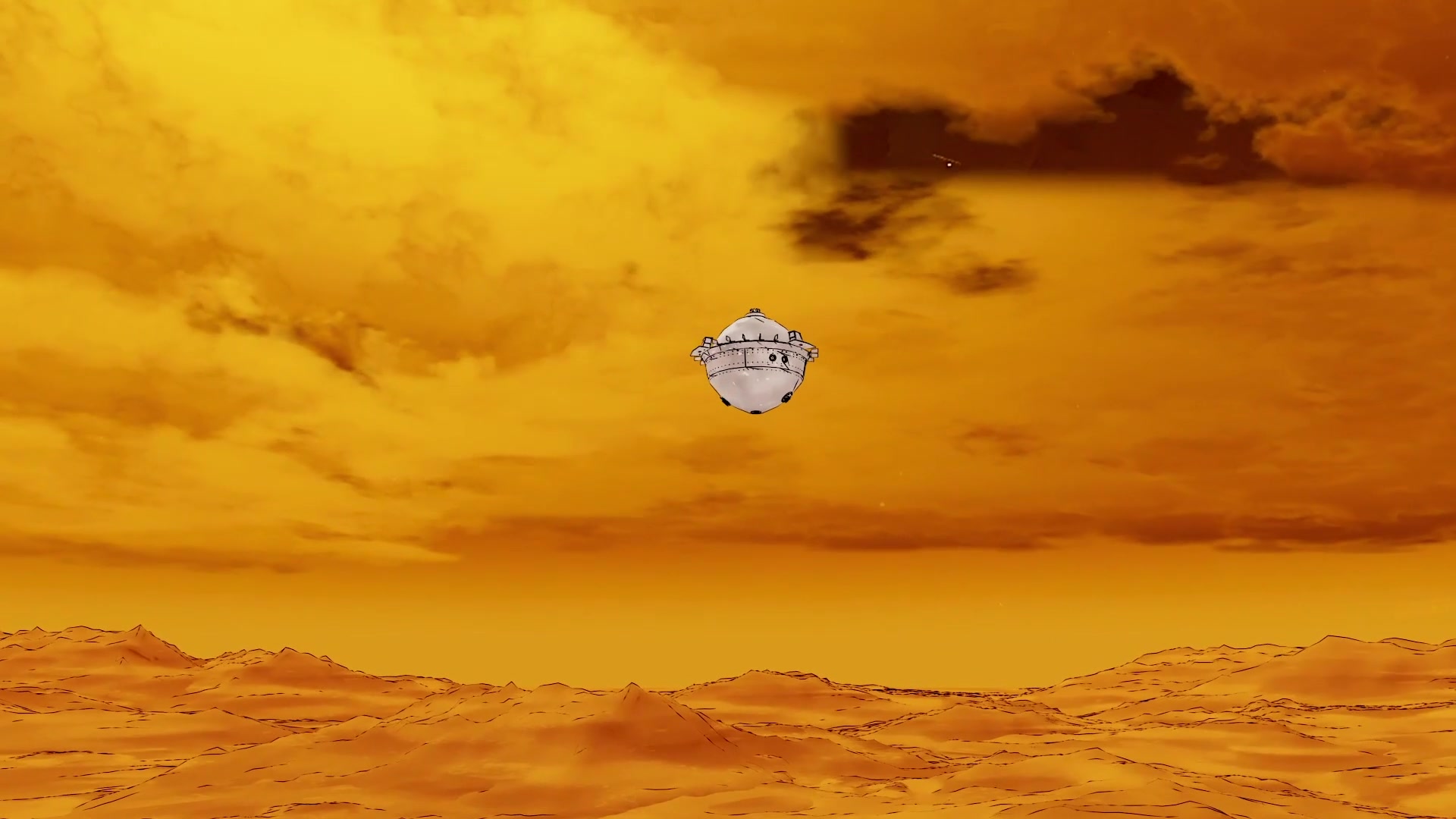 a silver sphere in the air above a red and yellow desert-like landscape