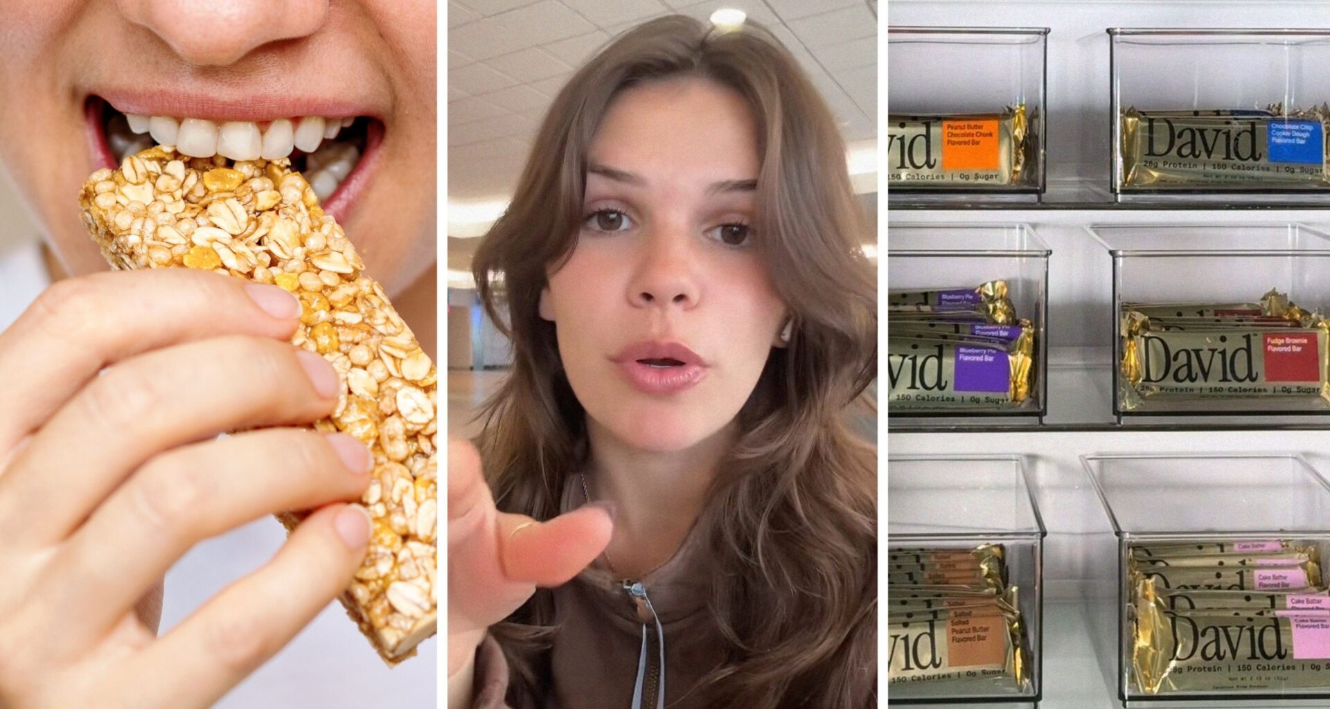 woman eating bar (l) woman shares protein bars issue (c) Davids Protein bars (r)