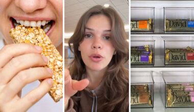 woman eating bar (l) woman shares protein bars issue (c) Davids Protein bars (r)