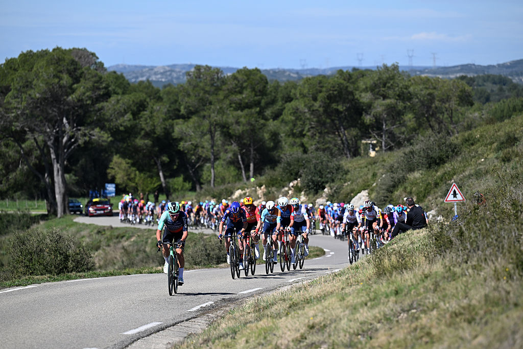 APT, FRANCE - MARCH 13: Stefan Bissegger of Switzerland and Team Decathlon CMA CGM attacks during the 84th Paris-Nice 2026, Stage 6 a 179.3km stage from Barbentane to Apt 234m / #UCIWT / on March 13, 2026 in Apt, France. (Photo by Szymon Gruchalski/Getty Images)