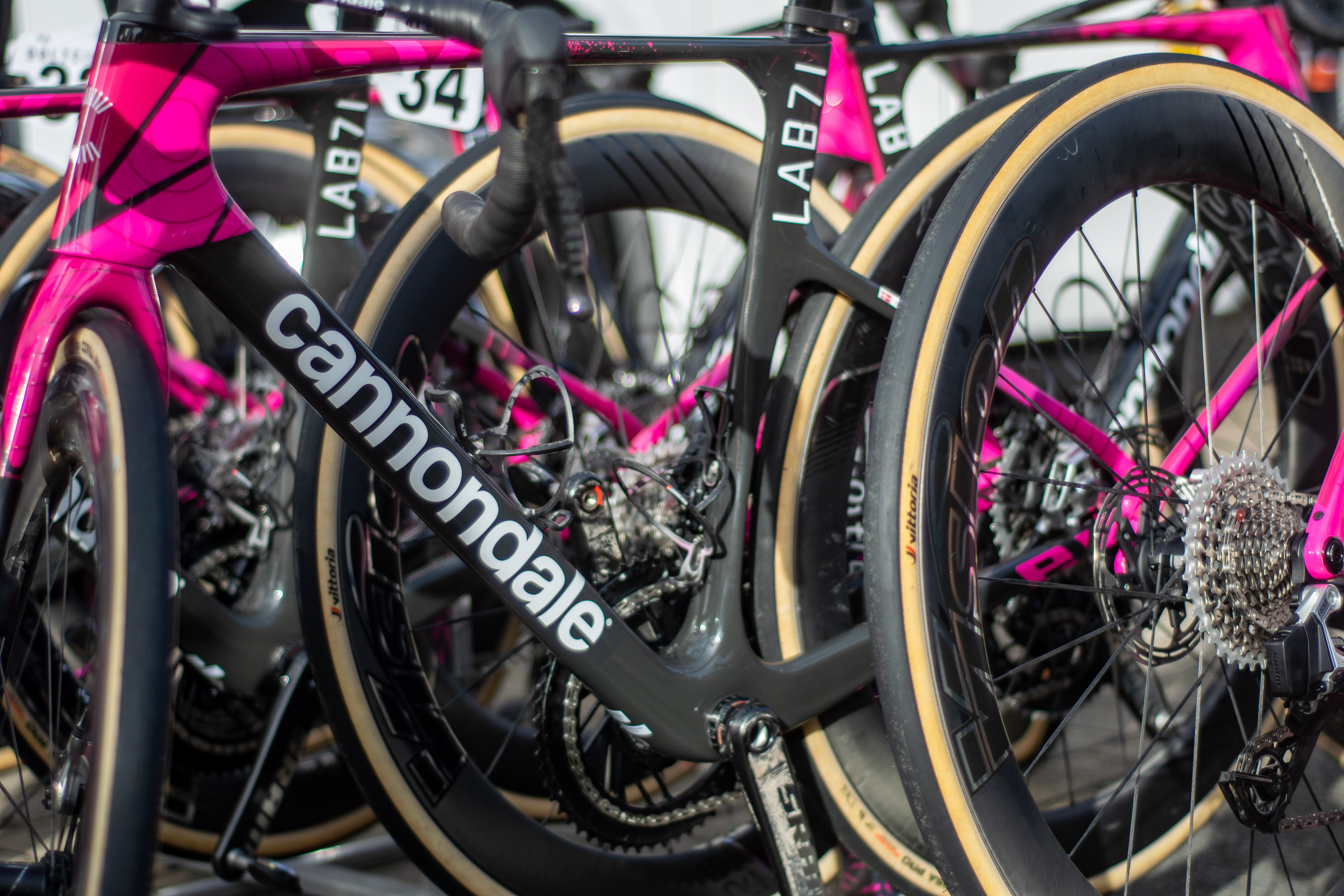 A view of Cannondale SuperSix bikes atop a team car
