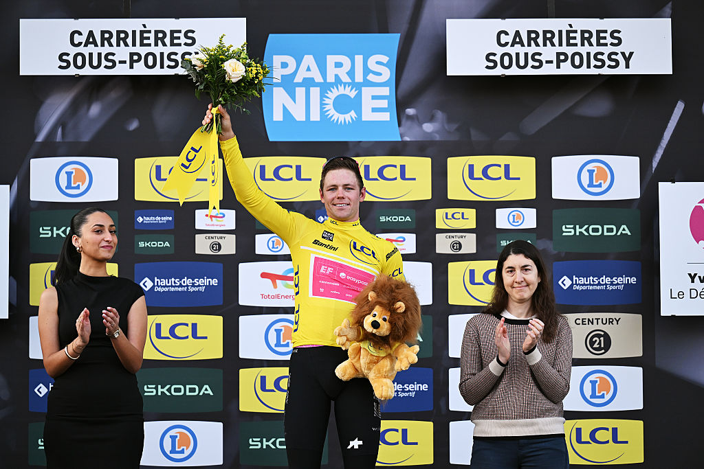 CARRIERES-SOUS-POISSY, FRANCE - MARCH 08: Luke Lamperti of United States and Team EF Education - EasyPost celebrates at podium as Yellow leader jersey winner during the 84th Paris-Nice 2026, Stage 1 a 170.9km stage from Acheres to Carrieres-sous-Poissy / #UCIWT / on March 08, 2026 in Carrieres-sous-Poissy, France. (Photo by Szymon Gruchalski/Getty Images)